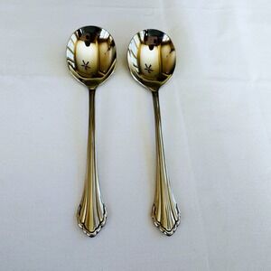 Vtg Oneida Community CLARETTE Stainless Steel Set 2 Cream Soup Spoons Round Bowl